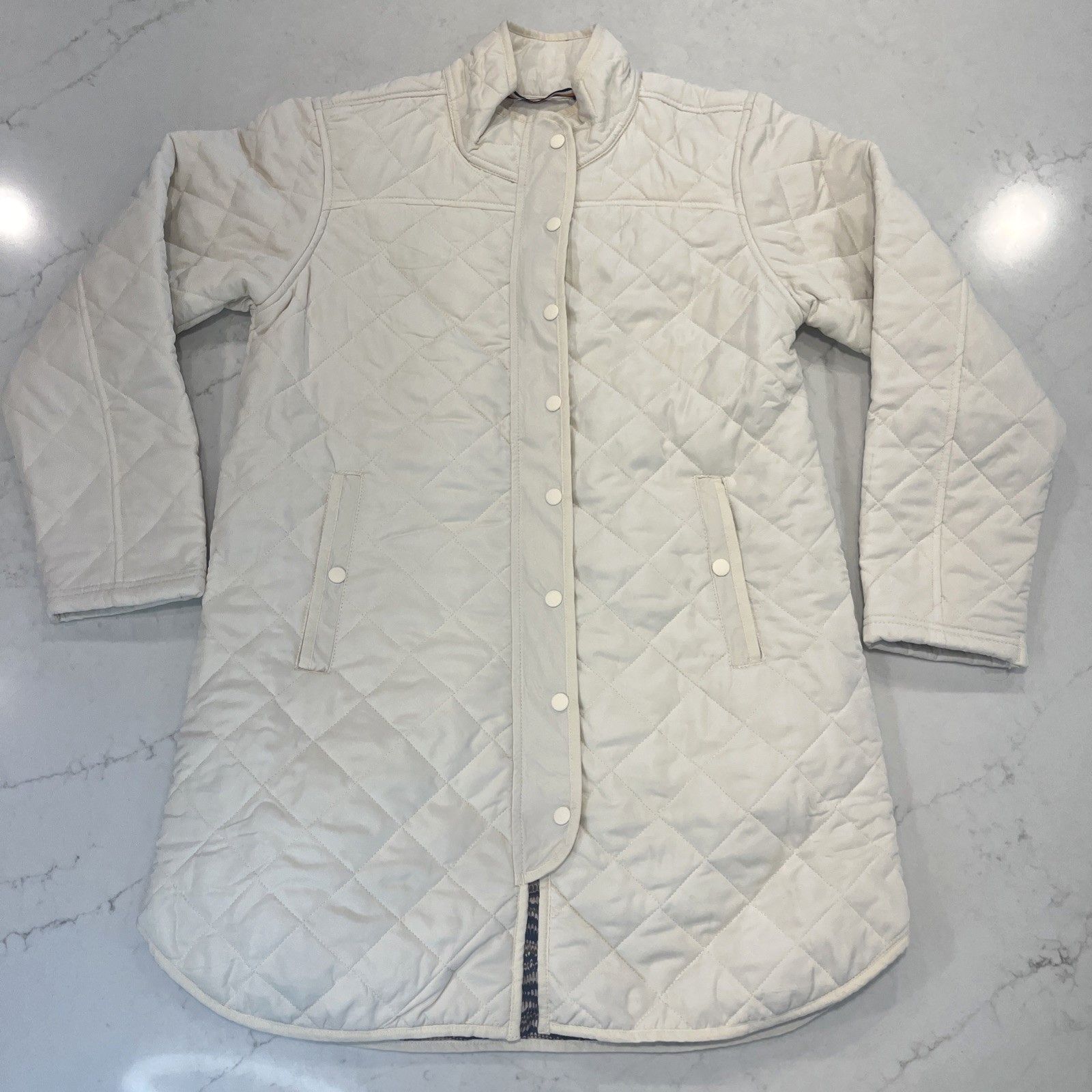 Aventura Womens Large Carrigan Quilted Jacket Long Zip Snap Ivory Car Coat Nwot